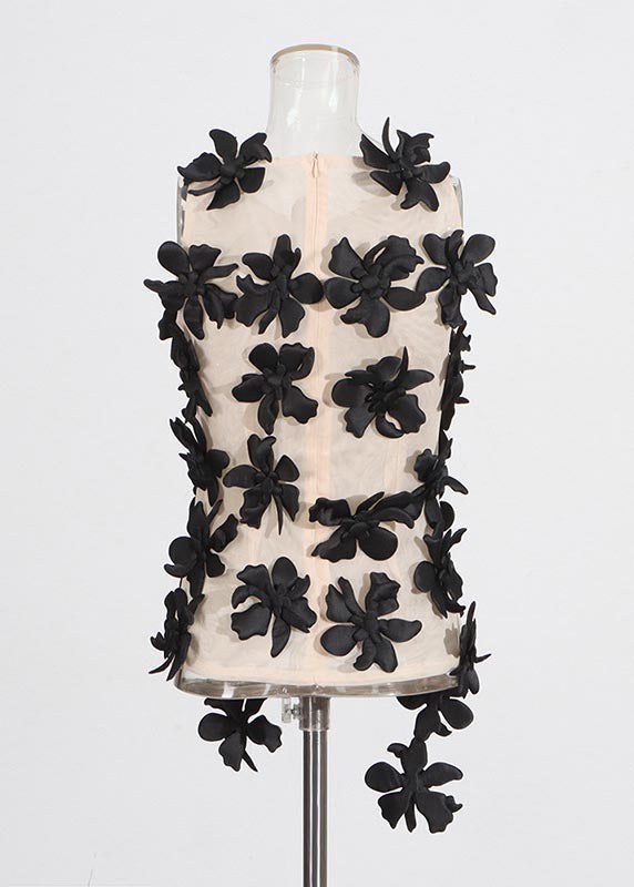 Beautiful Black Floral Decorated Tulle Tops Sleeveless
