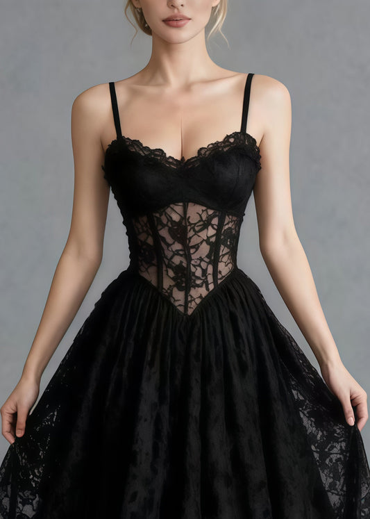 Beautiful Black Hollow Out Exra Large Hem Lace Cami Dresses Summer