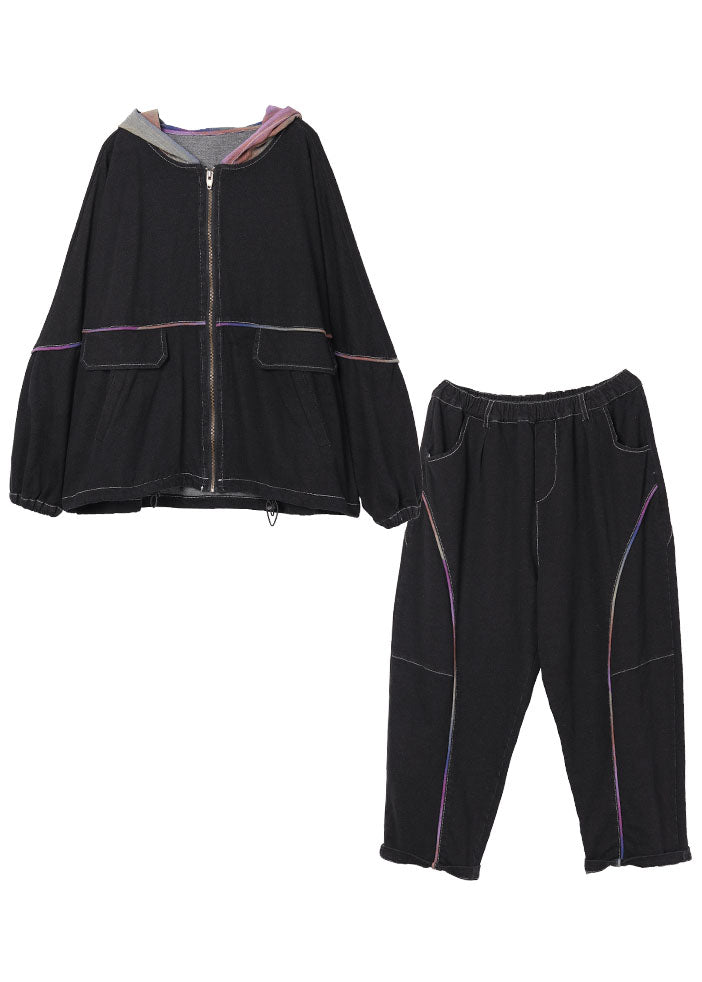 Schöne Schwarze Lose Casual Kapuze Reißverschluss Herbst Zwei Stück Set Langarm