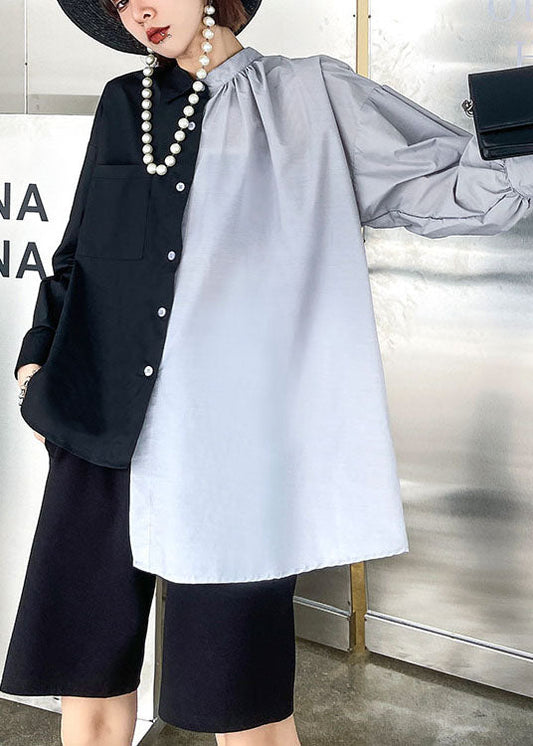 Wunderschönes schwarzes Patchwork-Knopf-Asymmetrisches Design Herbst Langarm Shirt Top