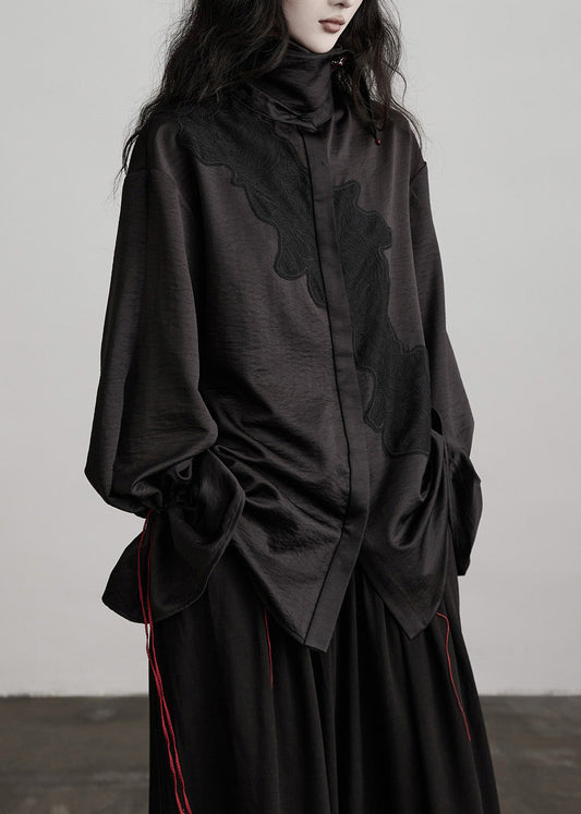 Beautiful Black Peter Pan Collar Drawstring Patchwork Silk Blouses Spring
