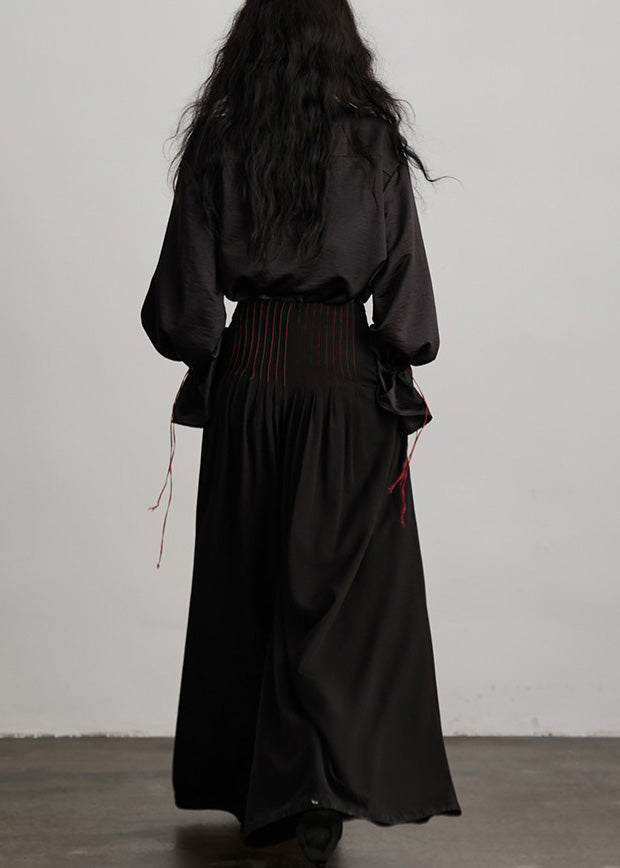 Hermosas blusas negras de seda con cuello Peter Pan y cordón ajustable para primavera.