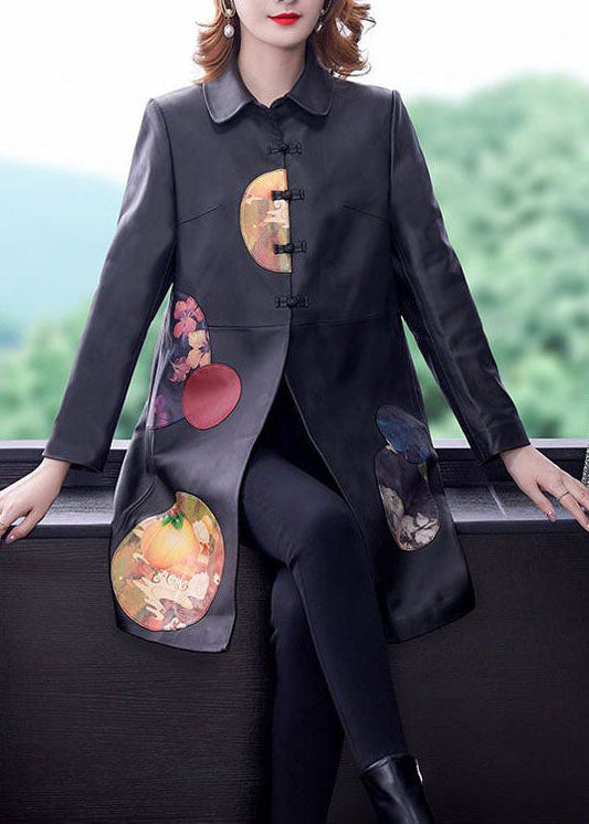 Schöne Schwarze Peter Pan Kragen Patchwork Print Kunstleder Trenchcoat Frühling