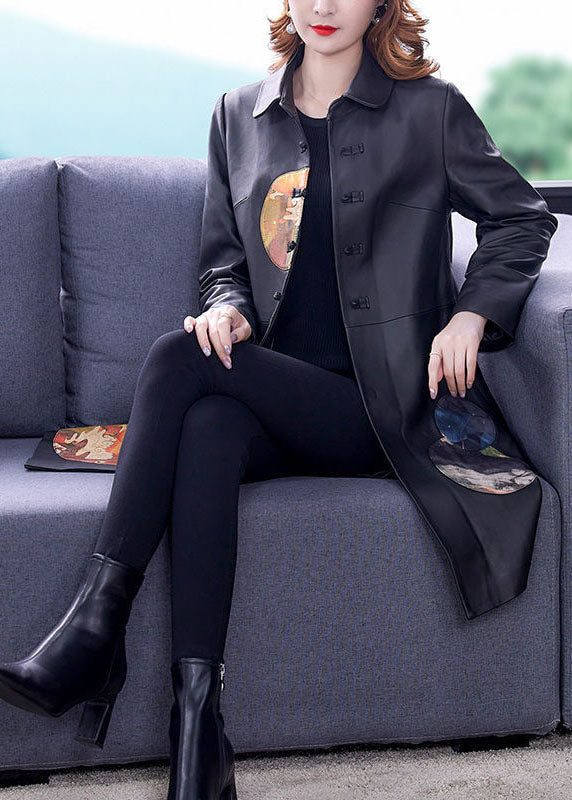 Schöne Schwarze Peter Pan Kragen Patchwork Print Kunstleder Trenchcoat Frühling