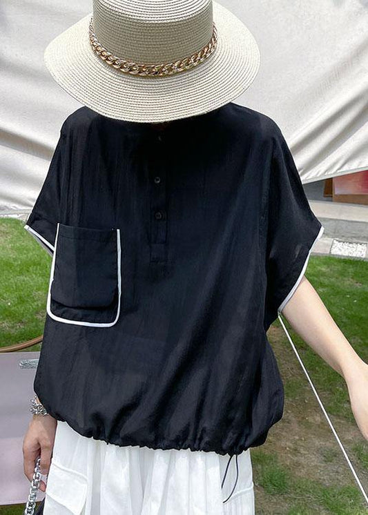 Beautiful Black Pockets Peter Pan Collar Button Cotton Top Summer - SooLinen