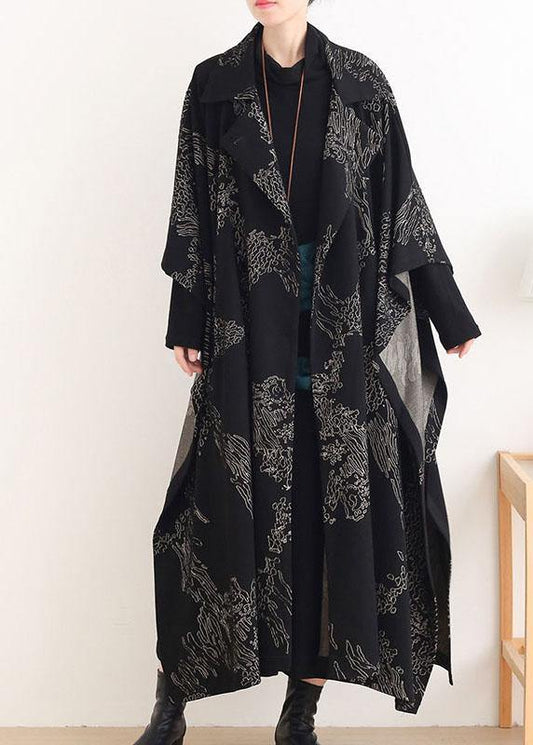 Beautiful Black Print Peter Pan Collar Button Long Trench coats - SooLinen