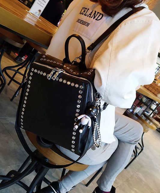 Beautiful Black Rivet Solid Durable Faux Leather Versatile Backpack Bag