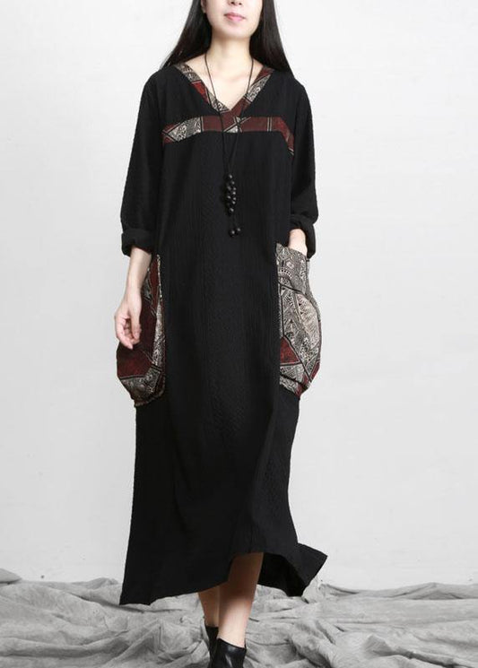 Beautiful Black V Neck Patchwork Print Pockets Dress Fall - SooLinen