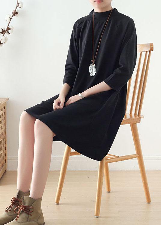 Beautiful Black zippered Cotton Long sleeve Pockets Fall Dress - SooLinen