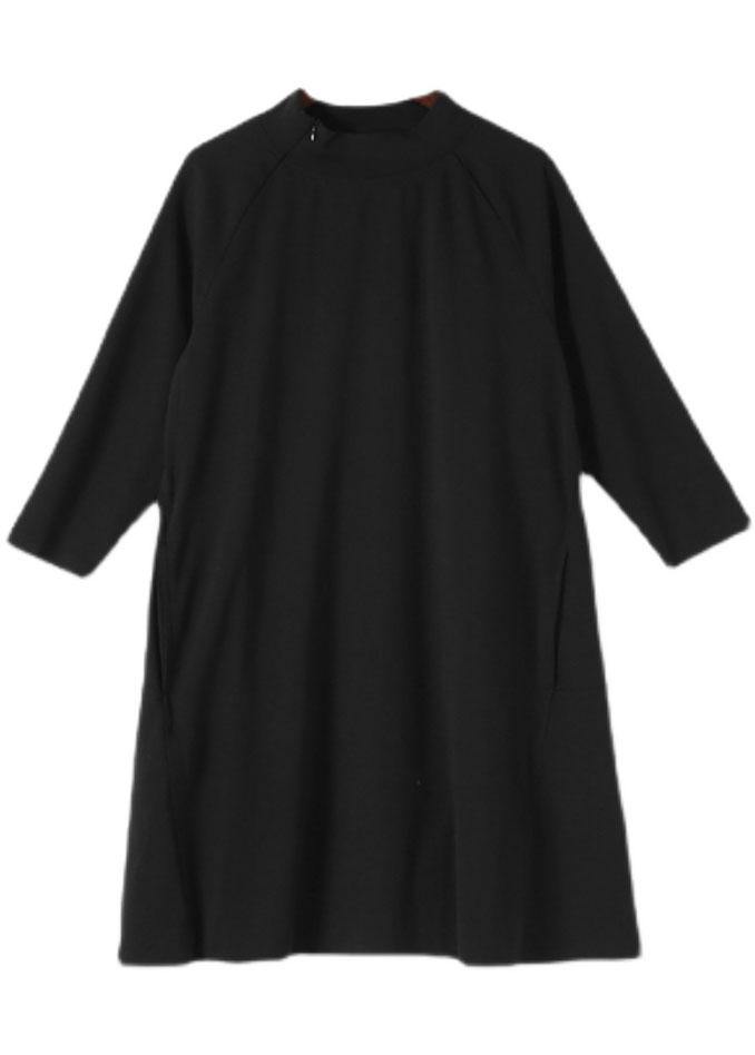 Beautiful Black zippered Cotton Long sleeve Pockets Fall Dress - SooLinen