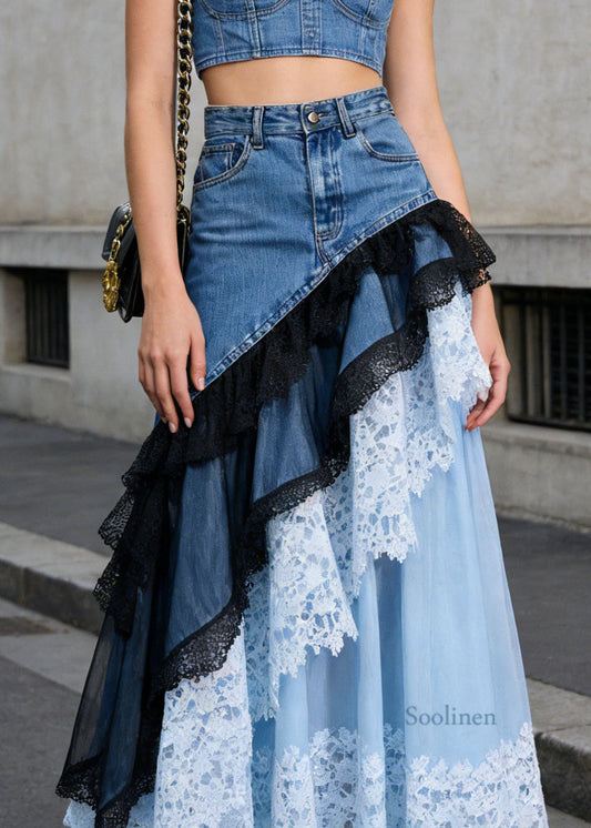 Beautiful Blue Asymmetrical Lace Patchwork Denim Skirts Summer