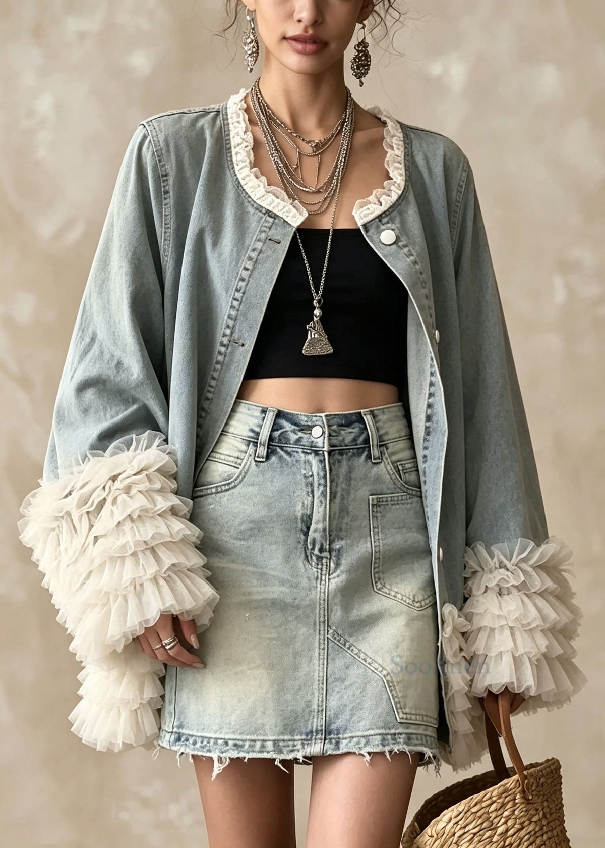Beautiful Blue O Neck Ruffled Patchwork Denim Coat Fall