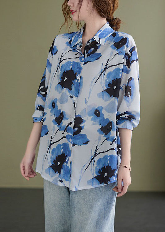 Schöne Blaue PeterPan Kragen Button Print Herbst Tops Langarm