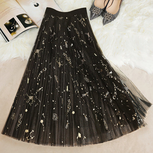 Beautiful Blue Print tulle Pleated Skirts Summer