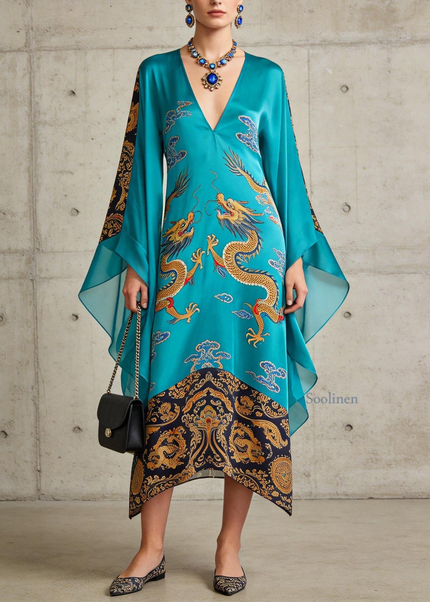 Beautiful Blue V Neck Oriental Print Chiffon Long Dress Flare Sleeve