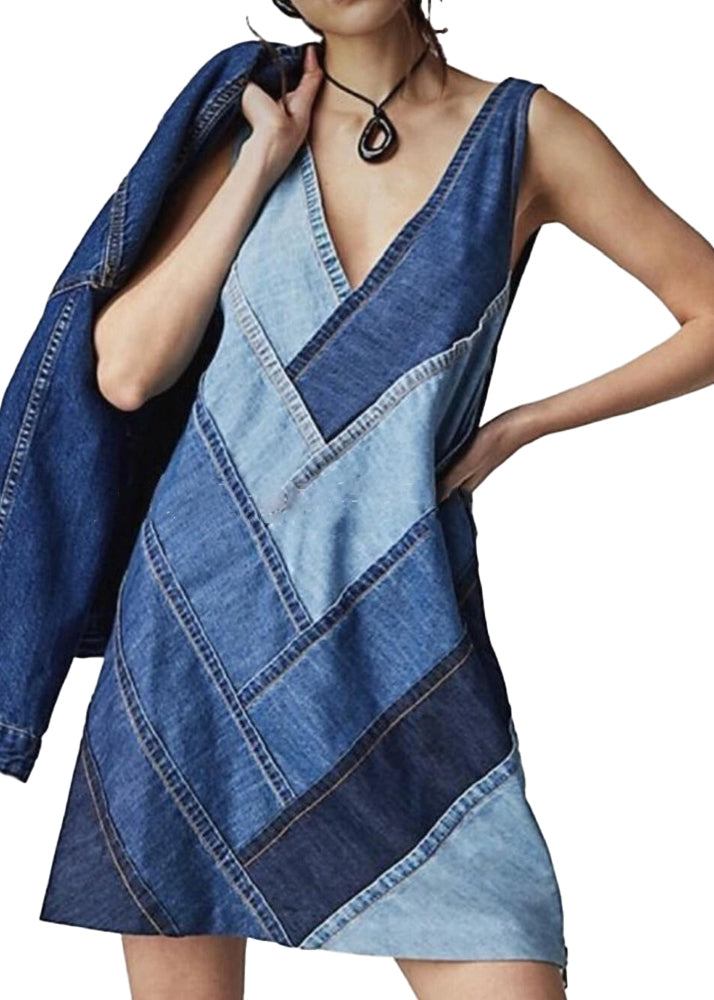 Beautiful Blue V Neck Patchwork Denim Dress Sleeveless