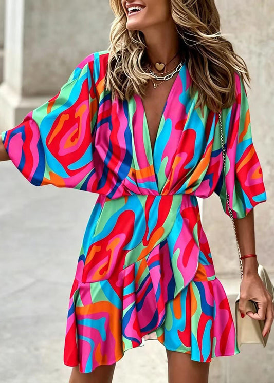 Beautiful Blue V Neck Print Layered Cotton Vacation Dress Summer
