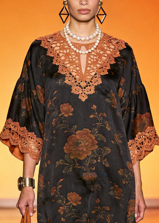 Beautiful Brown Hollow Out Patchwork Silk Party Dress Summer