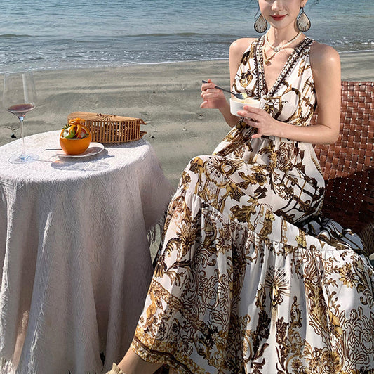 Beautiful Brown Print Chiffon Beach Sundress Summer