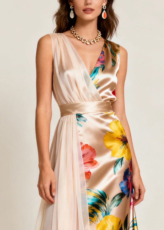 Beautiful Champagne Color Asymmetrical Print Tulle Patchwork Dress Sleeveless