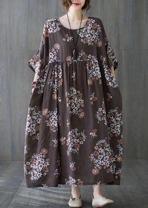 Beautiful Coffee Patchwork Print Summer Vacation Dress Half Sleeve - SooLinen