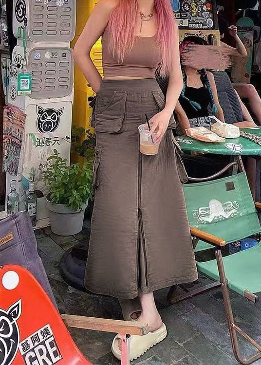 Schöne Schokolade Solid Zip Up Taschen Seide A-Linie Rock Herbst