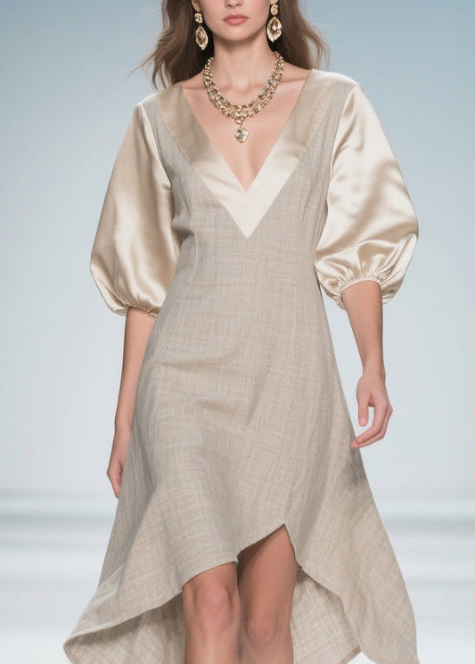 Beautiful Colorblock Puff Sleeve Patchwork Linen Silk Dresses
