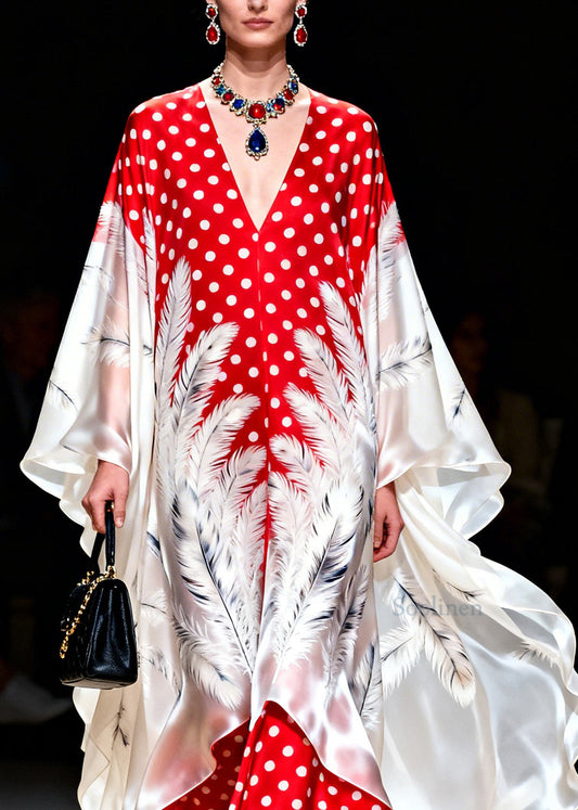 Beautiful Colorblock V Neck Print Chiffon Robe Dresses Summer