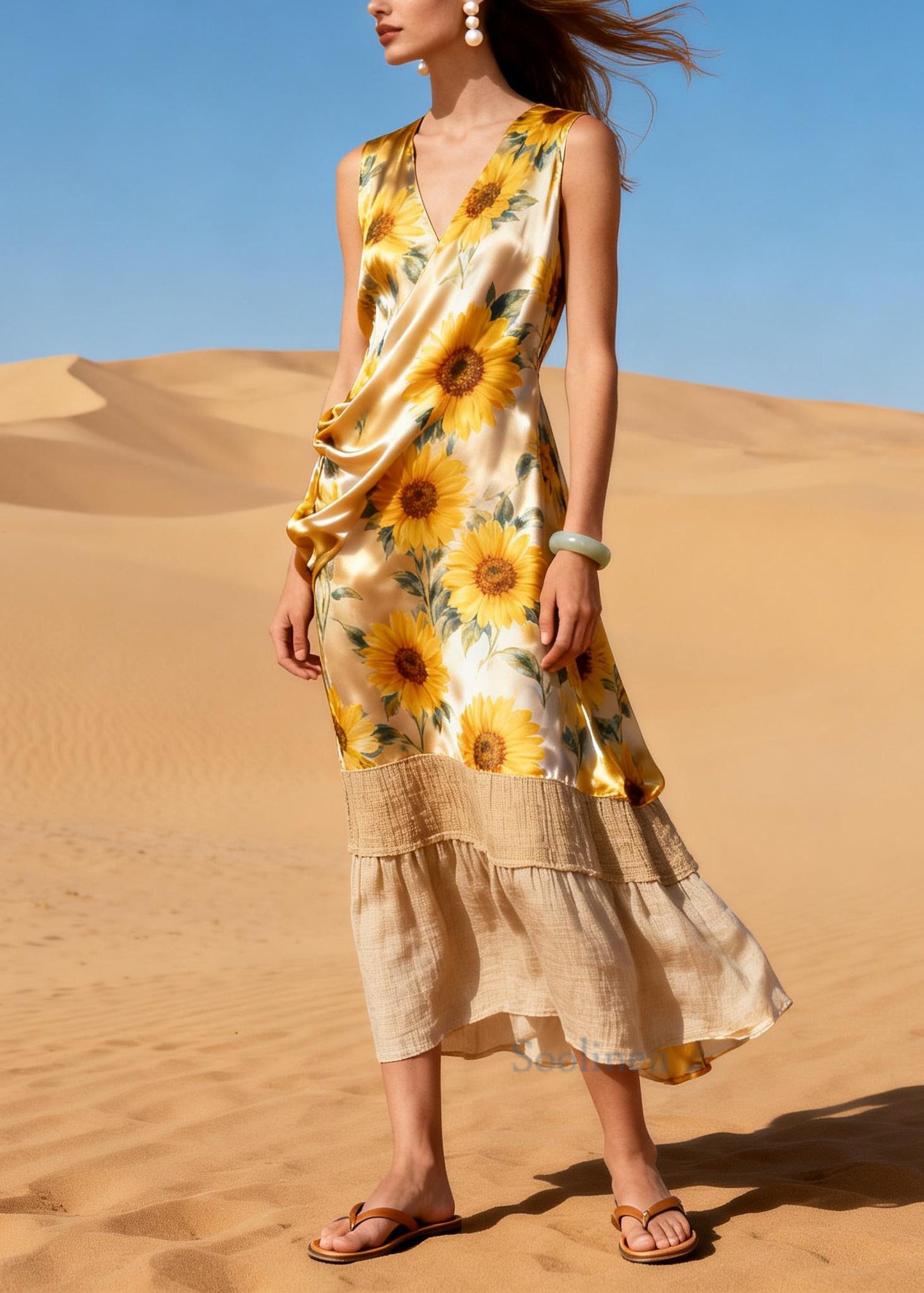 Beautiful Daisy V Neck Patchwork Linen Silk Vacation Dress Sleeveless