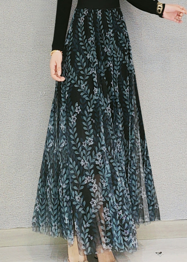 Schöne Matt Grün Print Elastische Taille Tüll Maxi Röcke Frühling