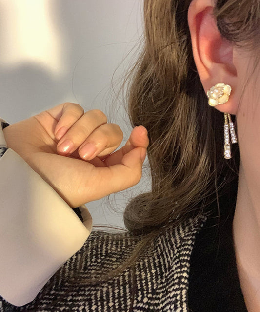 Hermosos aretes colgantes con borlas florales de perlas y circonitas de aleación de oro