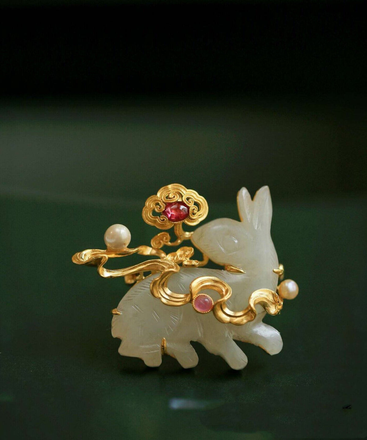 Beautiful Gold Sterling Silver Overgild Jade Rabbit Brooches