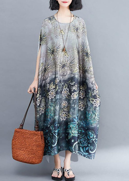 Beautiful Gray Print Long O Neck Baggy Summer Dress - SooLinen