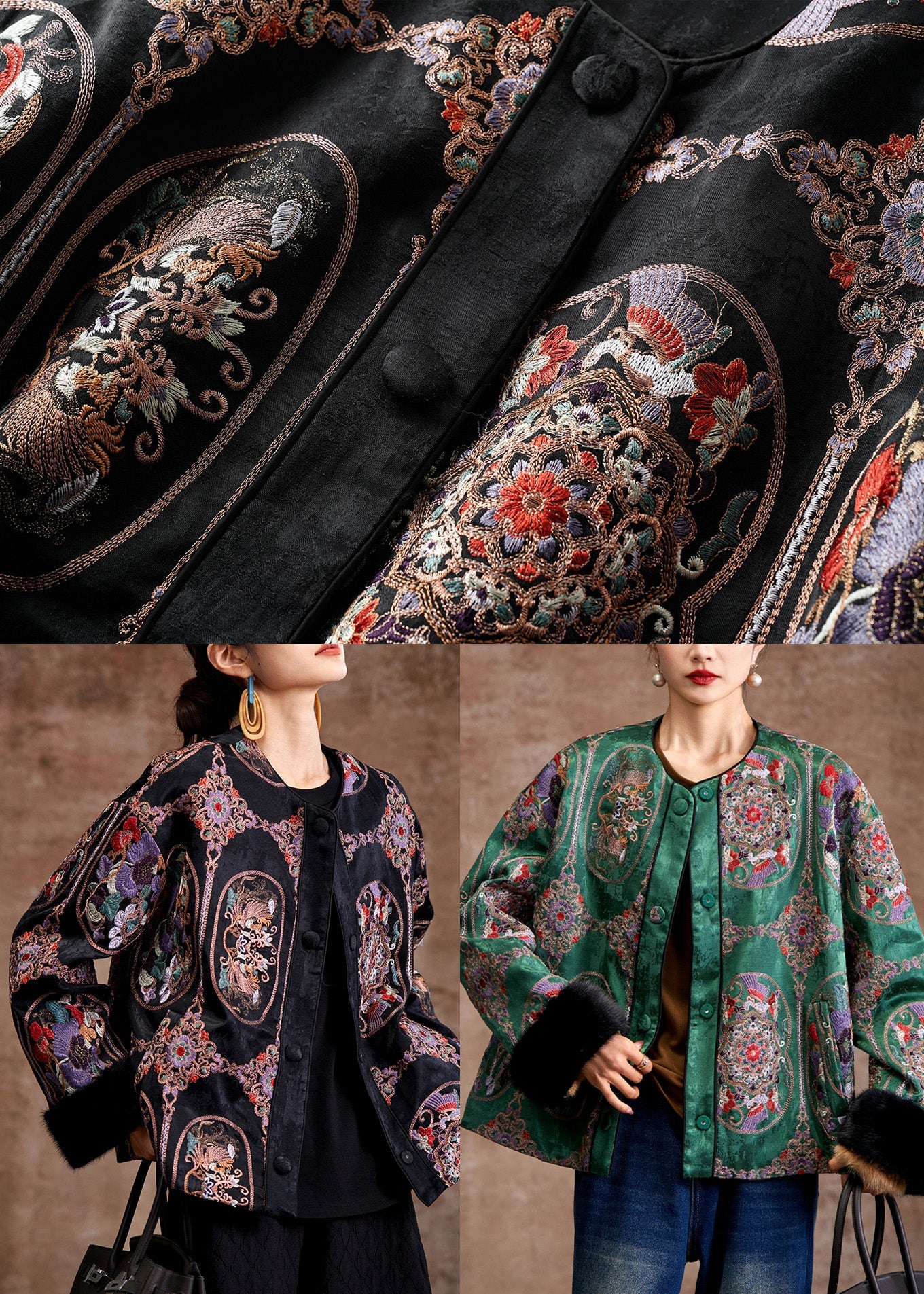 Wunderschöner grüner Wintermantel aus besticktem Patchwork-Nerzfell mit feiner Baumwollfüllung