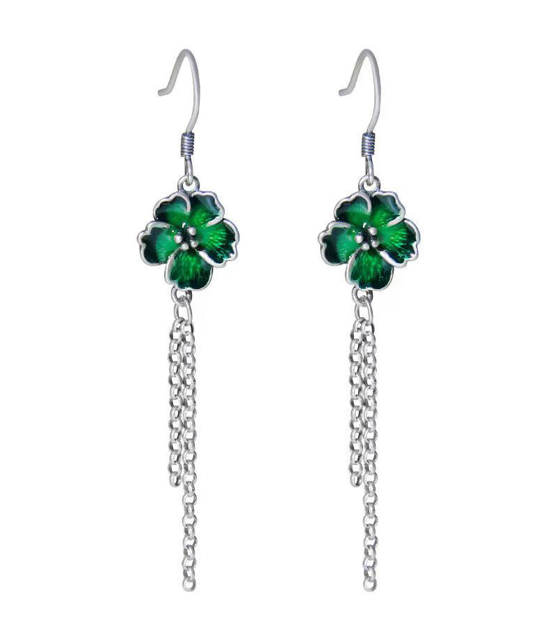 Beautiful Green Floral Tassel Patchwork Silver Drop Earrings