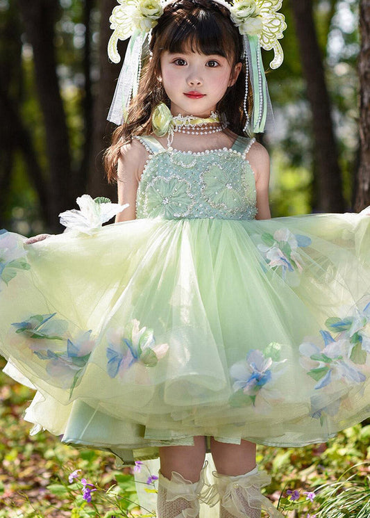 Beautiful Green Nail Bead Patchwork Tulle Girls Long Spaghetti Strap Dress Summer