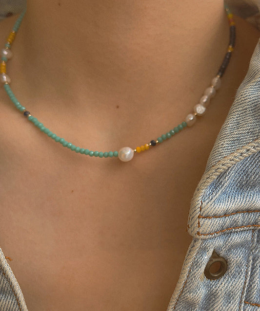 Hermoso collar de perlas de cristal doradas de acero inoxidable verde