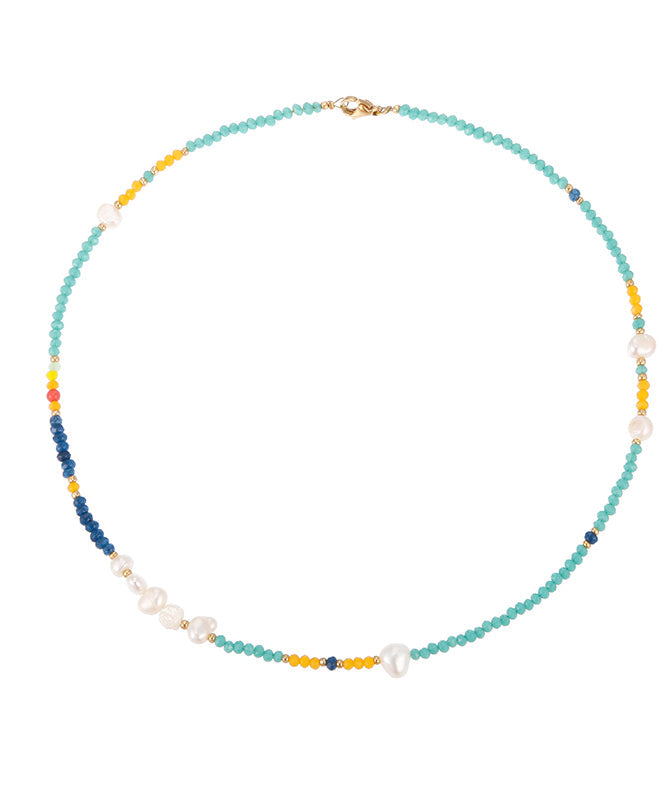 Hermoso collar de perlas de cristal doradas de acero inoxidable verde