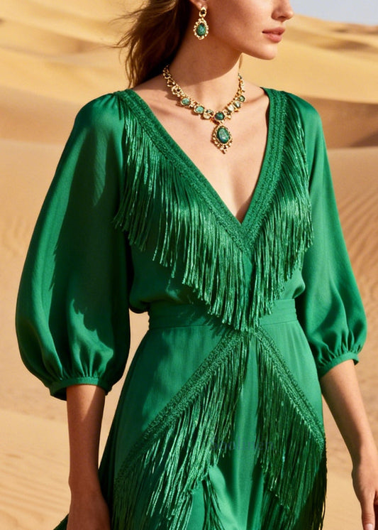 Beautiful Green V Neck Tasseled Chiffon Holiday Dresses Summer