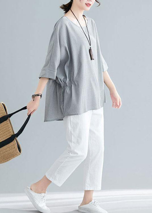Beautiful Grey Cinched Cotton Blouse Tops Summer - SooLinen