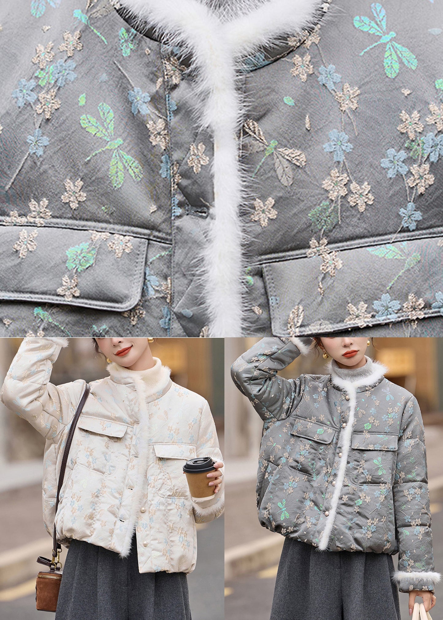 Hermosos abrigos de invierno de plumón de pato jacquard gris con cuello redondo