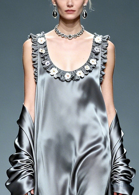Beautiful Grey Ruffled Floral Silk Vacation Dresses Summer