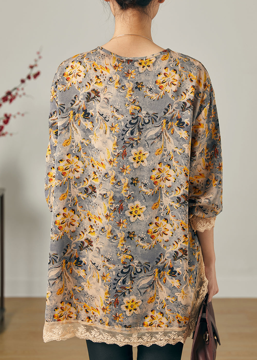 Schöne Khaki Oversize Patchwork Chiffon Shirts Frühling