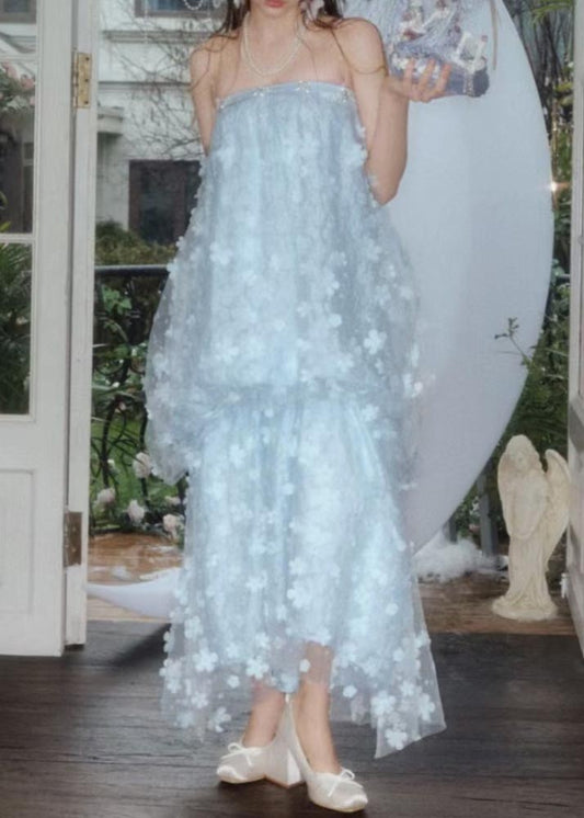 Beautiful Light Blue Floral Decorated Tulle Party Dress Summer