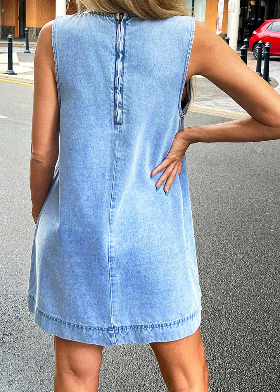 Beautiful Light Blue O-Neck Denim Mini Dress Sleeveless