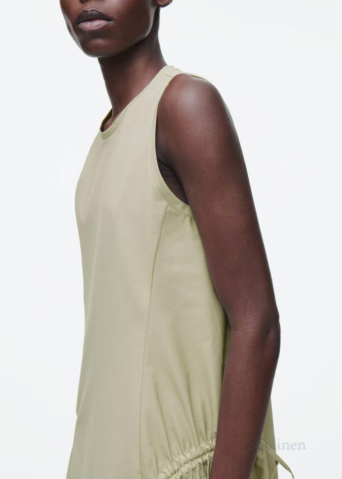 Beautiful Light Green Wrinkled Drawstring Cotton Vacation Dresses Sleeveless
