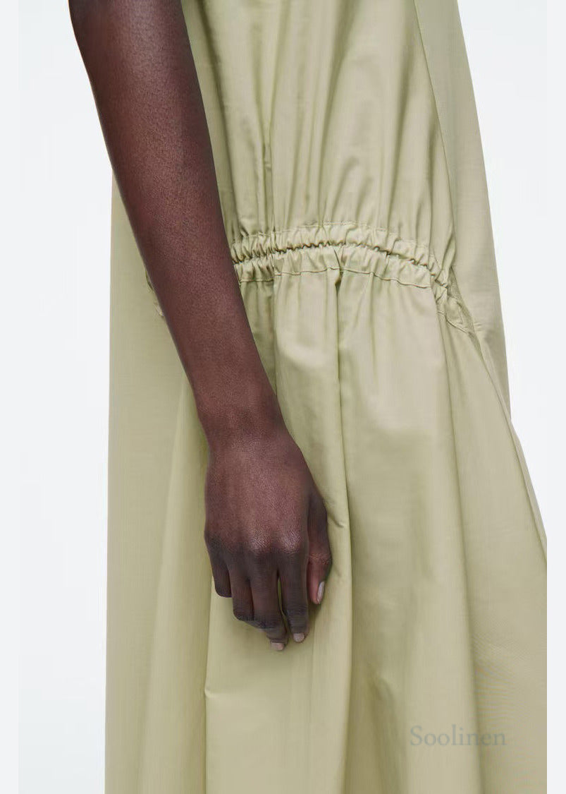 Beautiful Light Green Wrinkled Drawstring Cotton Vacation Dresses Sleeveless