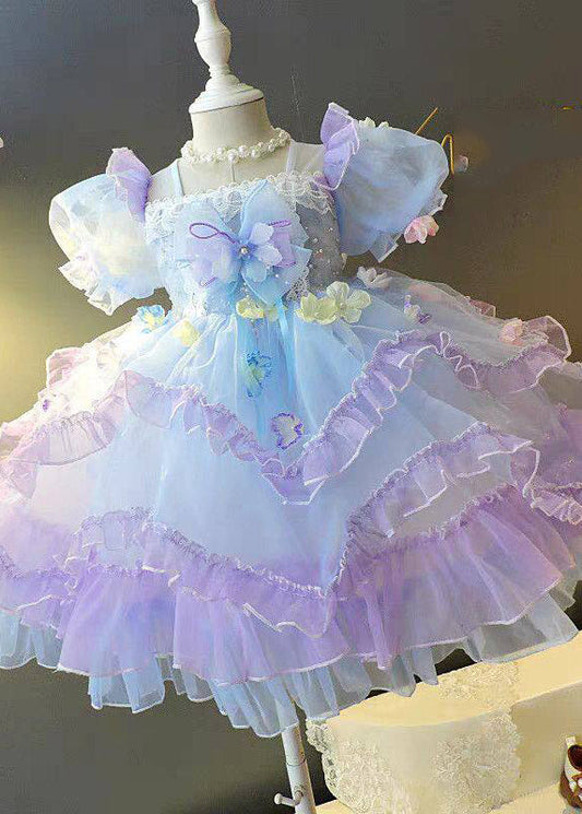 Beautiful Light Purple Ruffled Patchwork Tulle Kids Long Dresses Summer