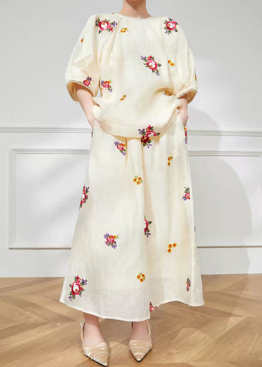 Beautiful Light Yellow Print Top And Maxi Skirts Two Pieces Set Short Sleeve