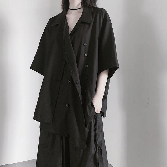 Beautiful Notched Patchwork Tunic Shape Black blouses - SooLinen